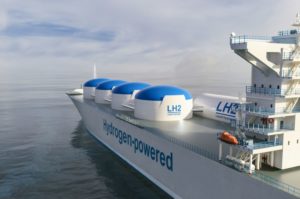 A WHITE SHIP BEARS THE BLUE WORDS HYDROGEN POWERED ON ITS SIDE