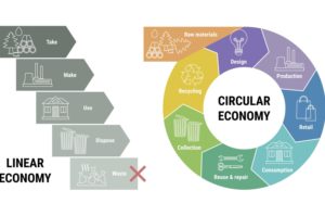 GREY BLOCKS ON THE LEFT SHOW LINEAR ECONOMY -- TAKE MAKE USE DISPOSE WASTE. GREEN CIRCLE ON THE RIGHT SHOWS CIRCULAR ECONOMY -- INCLUDING REUSE AND REPAIR, RECYCLING ETC.