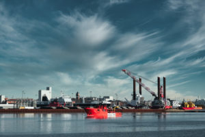 OIL AND WIND POWER RIGS CAN BE SEEN AT THE PORT OF ESBJERG.